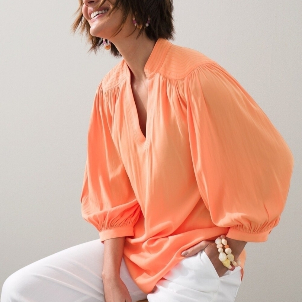 CHICO'S TEXTURED STITCHED V-NECK BALLOON SLEEVE BLOUSE EUC SIZE XS SMALL 0